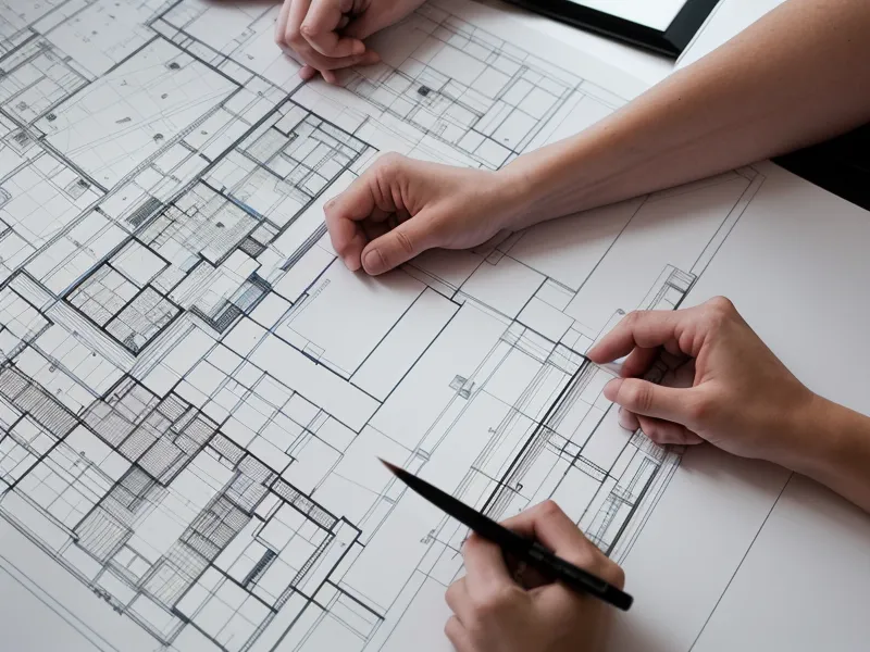 Mano señalando detalles técnicos en un plano arquitectónico impreso de gran formato