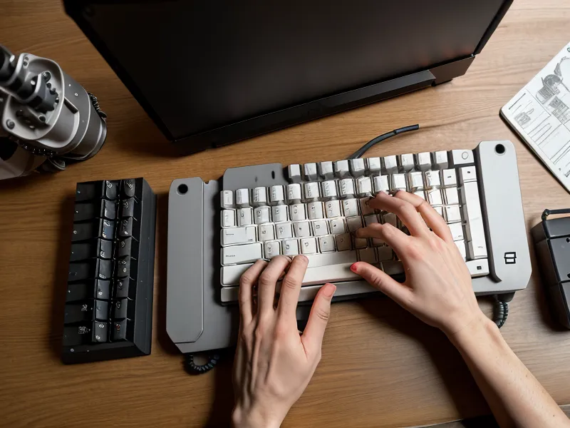 Mano escribiendo comando técnico en teclado para conversión de unidades.